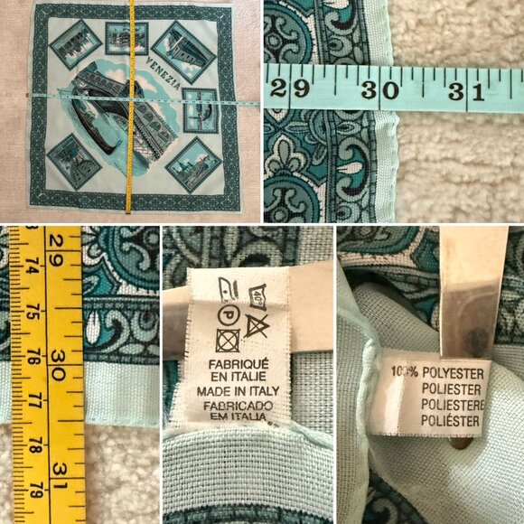 Vintage Italian Venezia Scarf 30 Inch Square Turquoise White Academia Style - Picture 2 of 12